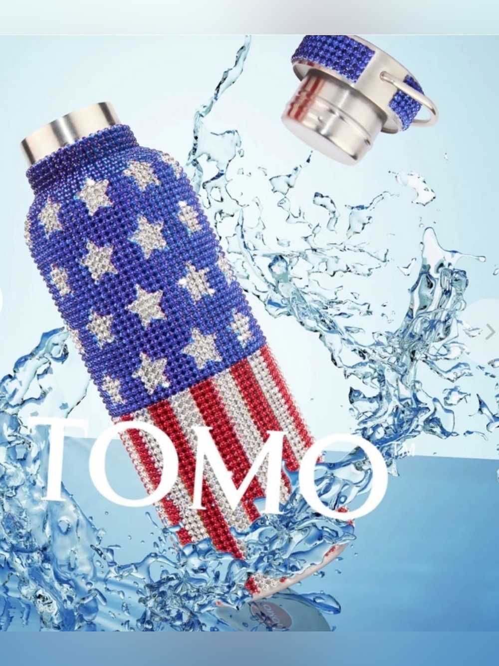 American Flag Rhinestone Water Bottle - Blue/Red/Silver